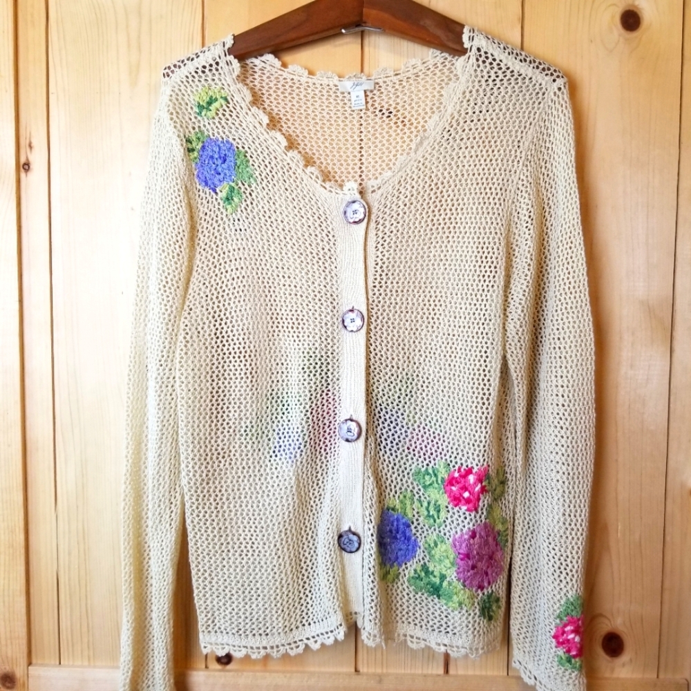 J. Jill Linen Blend Button Front Crotchet Embroidered Floral Cardigan Sweater